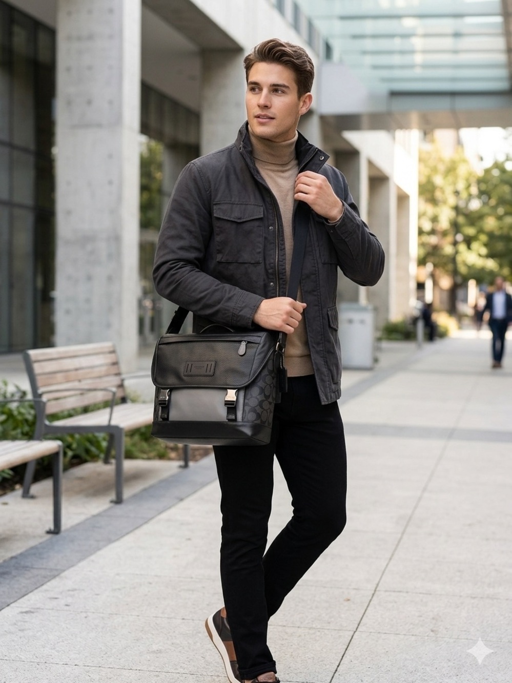 COACH Men's Black Leather Messenger Bag - Modern Commuter Satchel